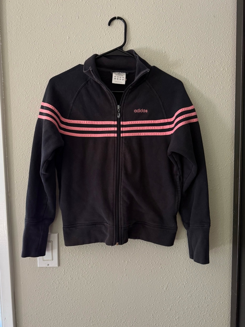 Classic Adidas Women’s Black Full Zip Track Jacket Pink 3 Stripe Athletic